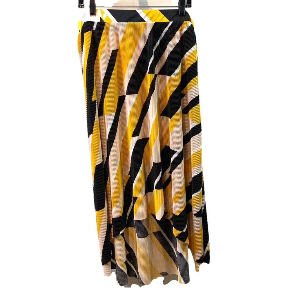 Lane Bryant Womens Skirt Hi Low Graphic Black Yellow Micro Pleats Sz 18/20 NWT